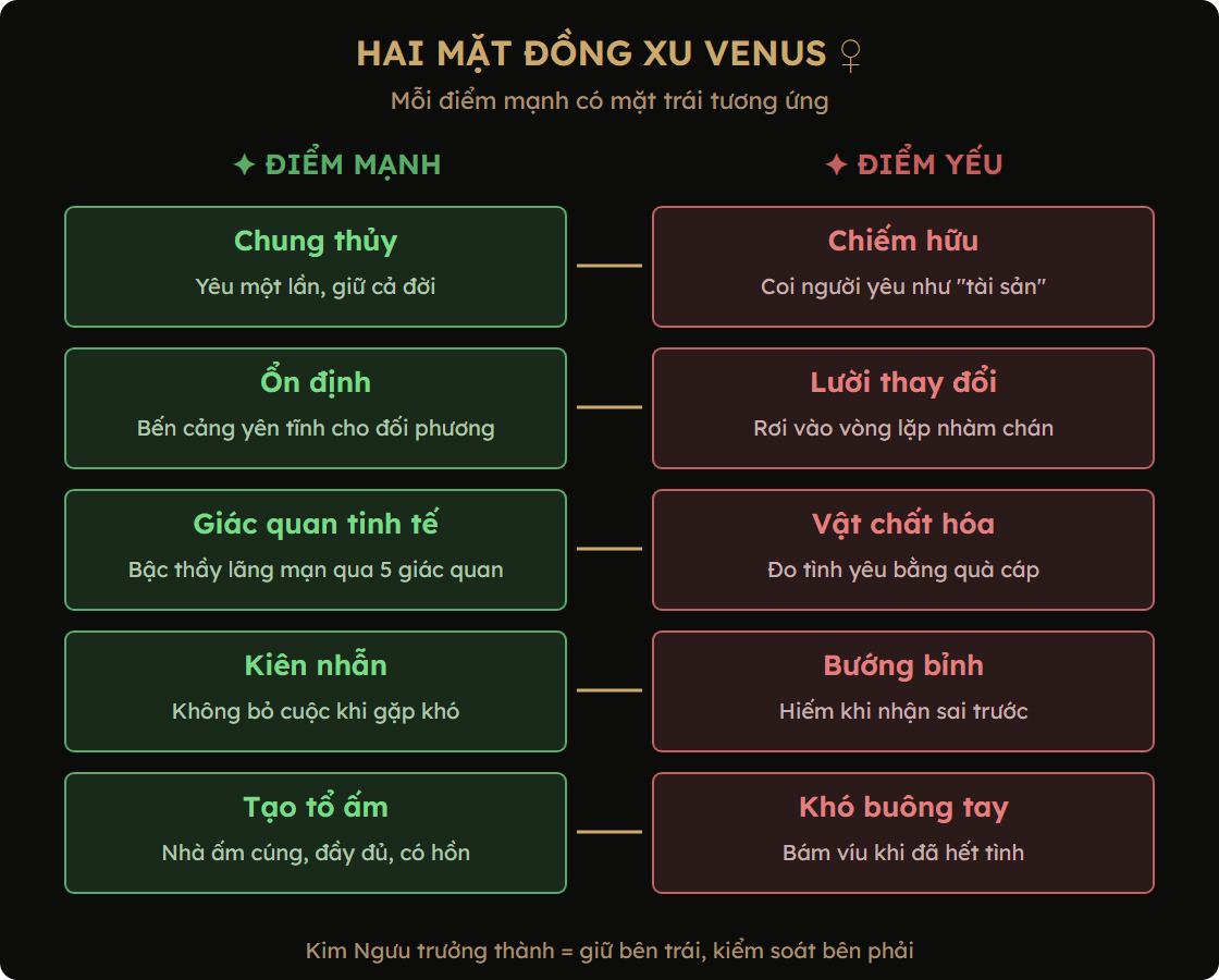 Sơ đồ 5 điểm mạnh và 5 điểm yếu của Kim Ngưu trong tình yêu, hai mặt đồng xu Venus