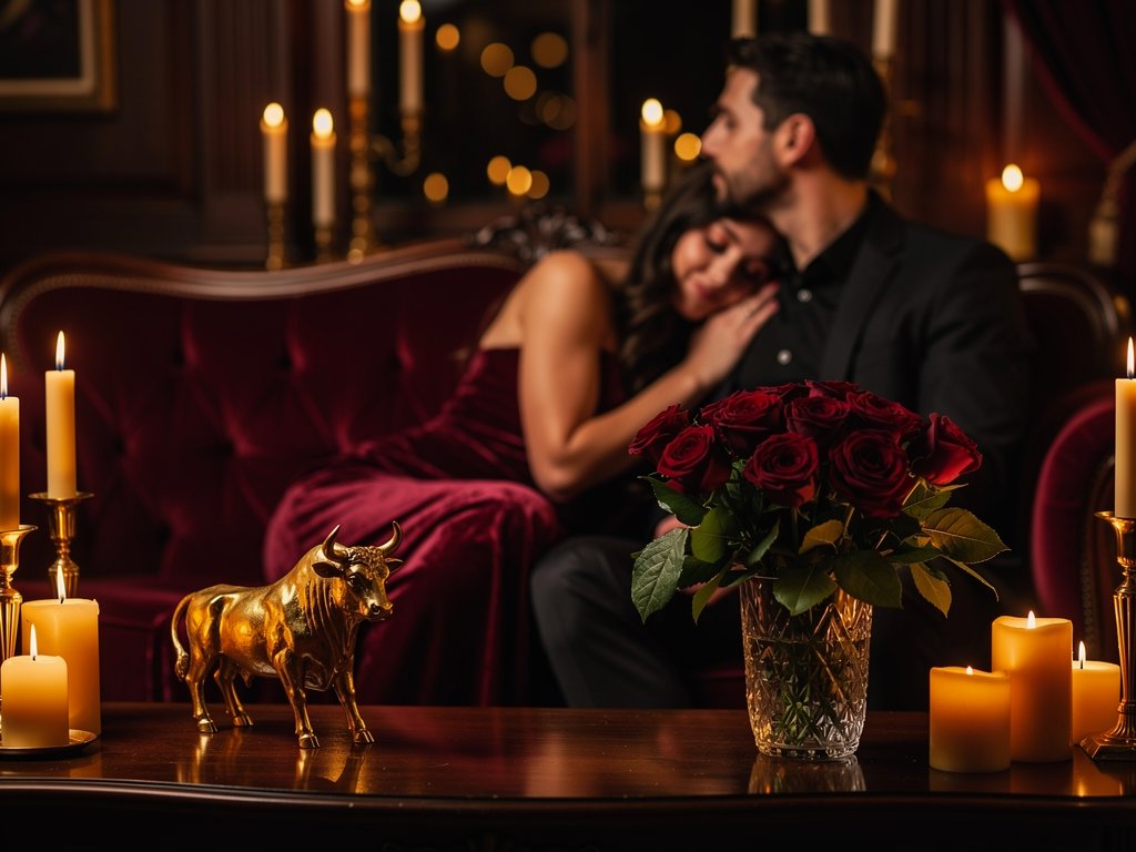 Cặp đôi lãng mạn trong không gian ấm cúng với ánh nến vàng và hoa hồng, gợi phong cách yêu của cung Kim Ngưu