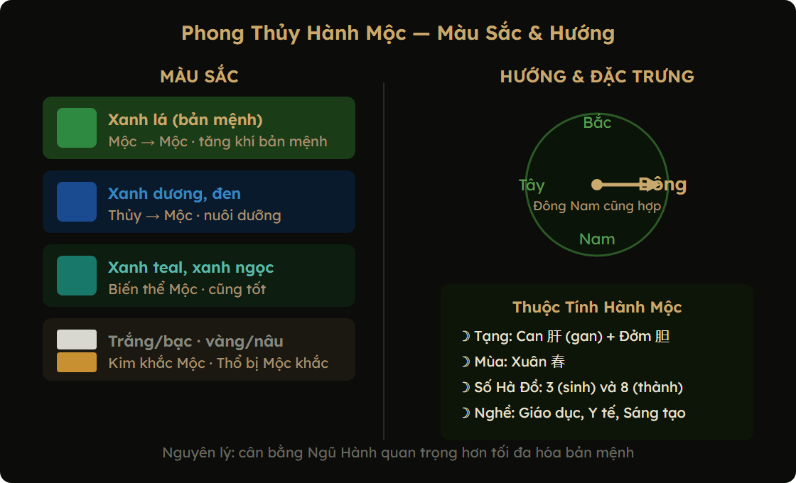 Phong Thủy hành Mộc — Màu sắc hợp và hướng tốt cho người mệnh Mộc