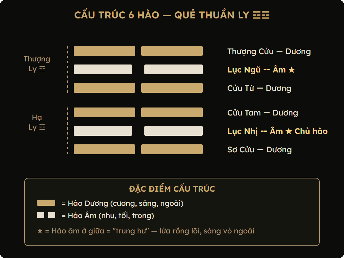 Sơ đồ cấu trúc quẻ Ly Vi Hỏa — 6 hào dương-âm-dương-dương-âm-dương
