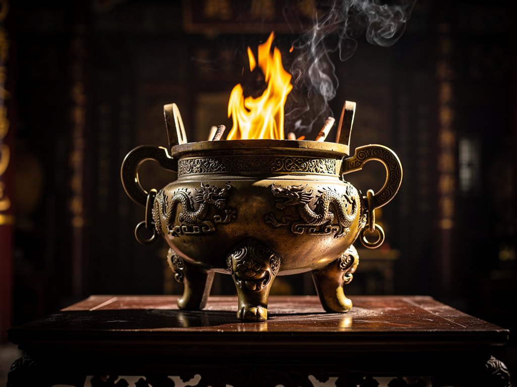 Ngọn lửa cháy trên đỉnh lư hương đồng cổ, ánh sáng vàng rực chiếu sáng trong bóng tối — biểu tượng quẻ Ly Vi Hỏa