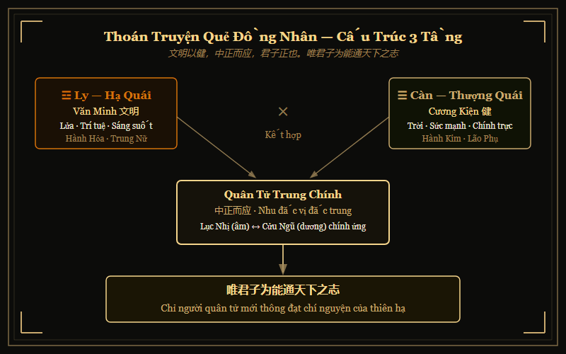 Sơ đồ Thoán Truyện quẻ Đồng Nhân: Văn minh × Cương kiện = Quân tử thông chí thiên hạ