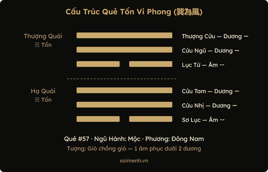 Sơ đồ cấu trúc quẻ Tốn Vi Phong — 6 hào và 2 quái thành phần