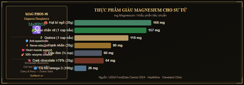 Muối tế bào Mag Phos 8 Sư Tử — thực phẩm giàu magnesium phosphate cho sức khỏe tim mạch
