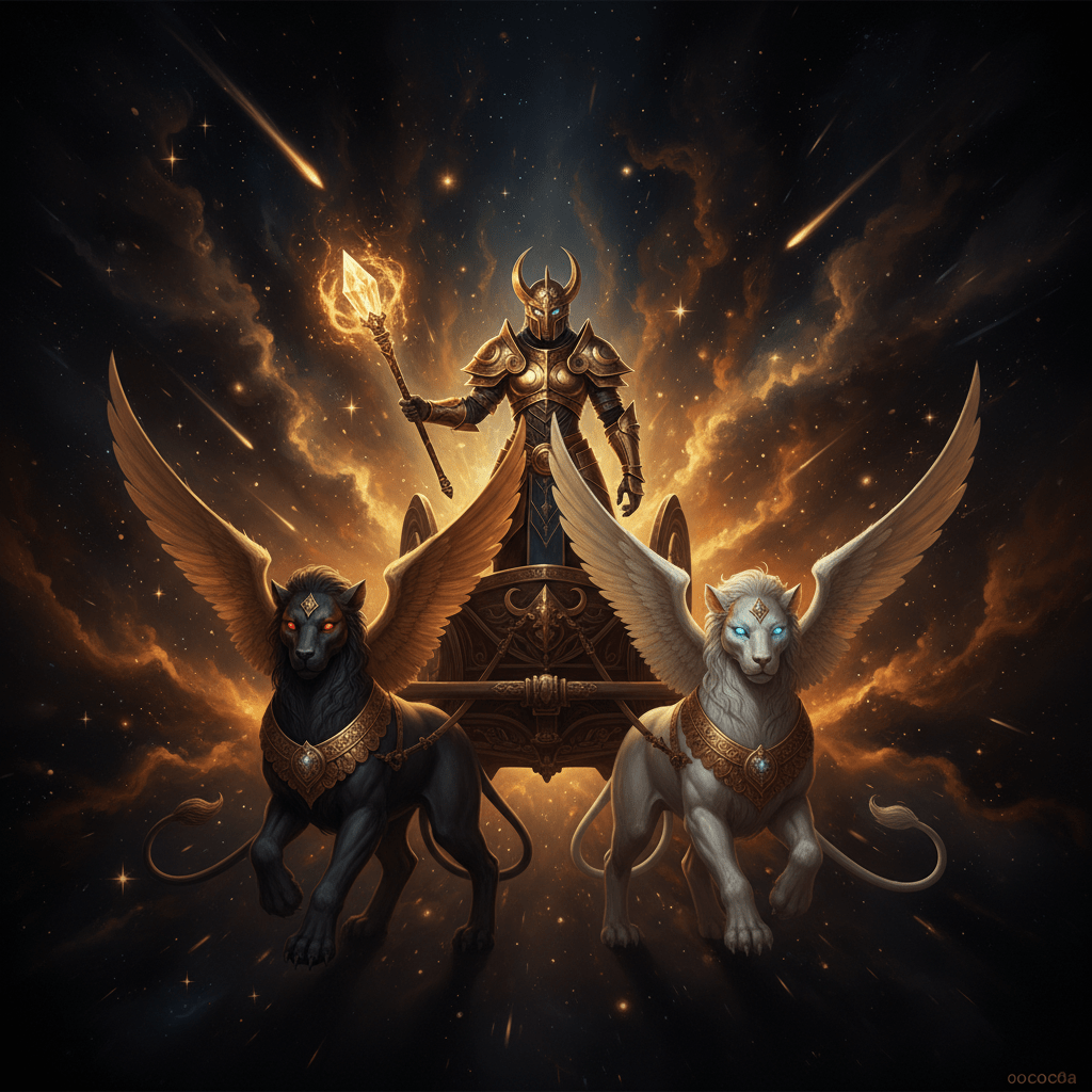 Lá Tarot The Chariot - chiến binh trên cỗ xe với hai nhân sư đen trắng