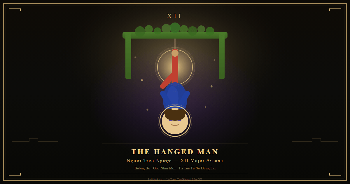 Lá Tarot The Hanged Man XII — Người Treo Ngược bình thản trong hào quang vàng