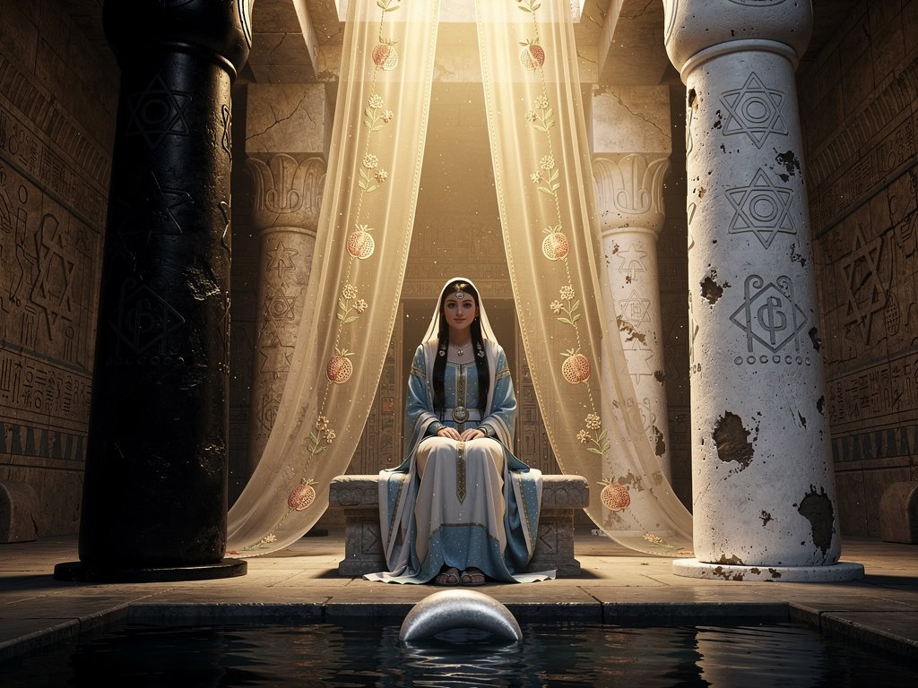Lá bài The High Priestess Tarot với hai cột đền Solomon và tấm màn lựu